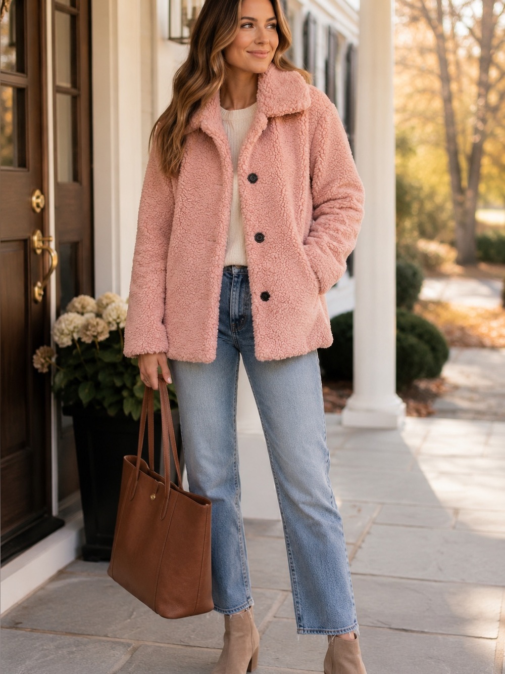 Ann Taylor Pink Teddy Sherpa Jacket Small Cozy Faux Shearling Button Front Coat